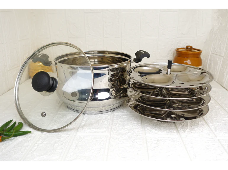 Idly Cooker - Steel - (Curve Body ) - 4 Plates - 16 Pits Pan . Sandwich Bottom .